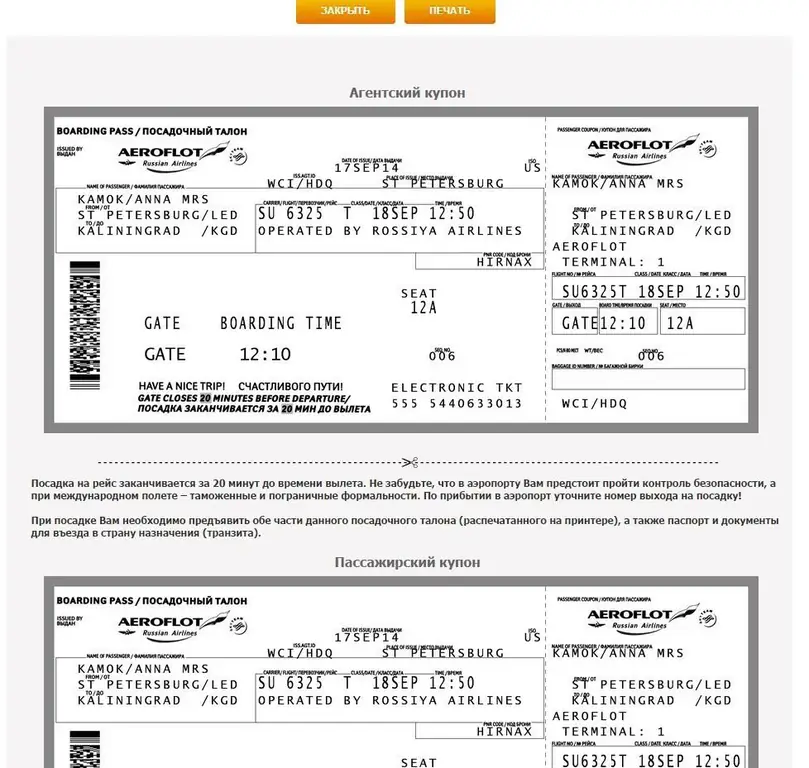 Daftar masuk untuk kapal terbang dengan e-tiket Aeroflot