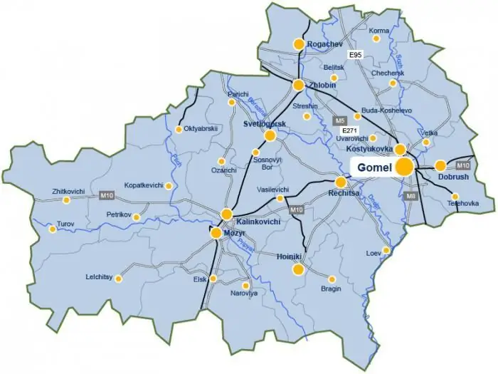 Regione di Gomel. Mappa della regione di Gomel. Bielorussia - regione di Gomel